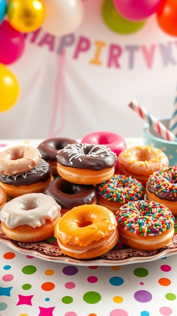 Festive Donut Party Recipe A colorful assortment of donuts on a festive table, including glazed, chocolate, and sprinkle-topped varieties.